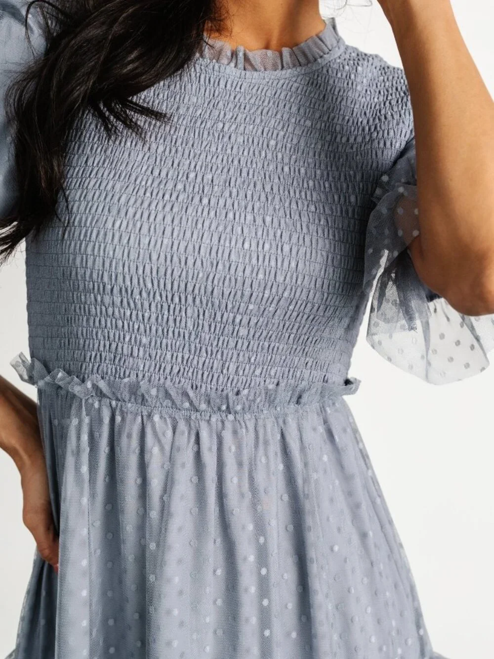 Baltic Born Lysandra Smocked Dot Dress | Dusty Slate Size MM - Picture 2 of 13